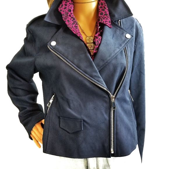 NINE WEST Biker Jacket Navy Brushed Faux Leather - Picture 8 of 8